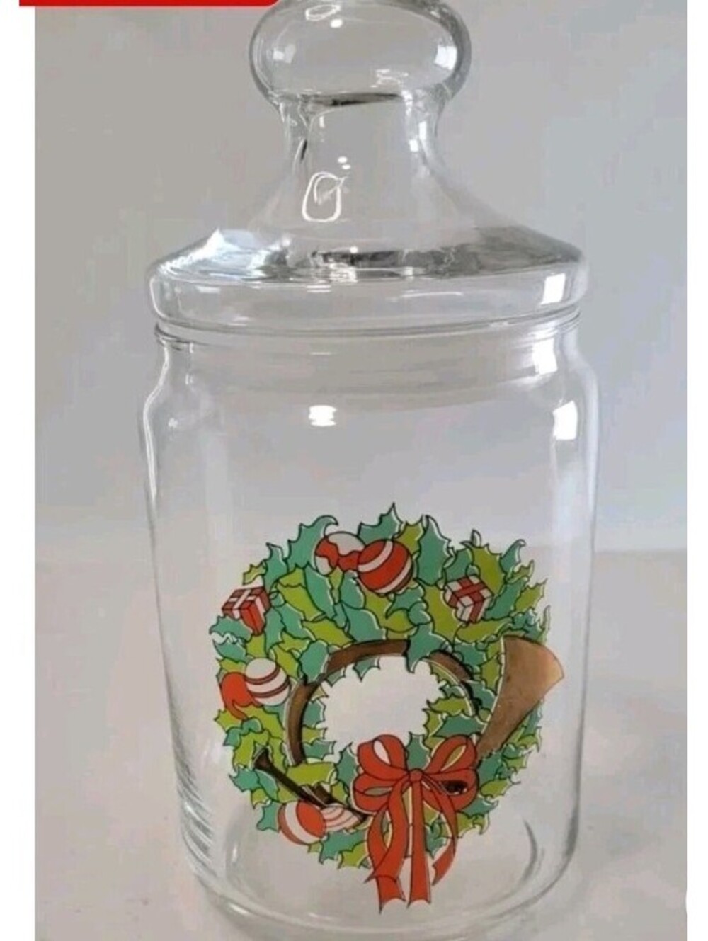 Vtg. Durand "Celebrate The Season" Glass Candy/Cookie Jar With Glass Lid 8 In.